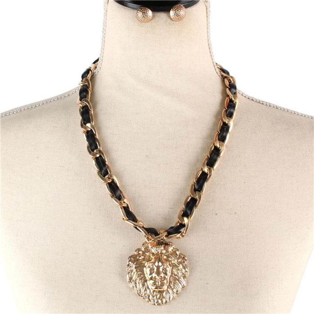 Black Gold Lion Head Charm Pendant Necklace Chain Link LionHead Set